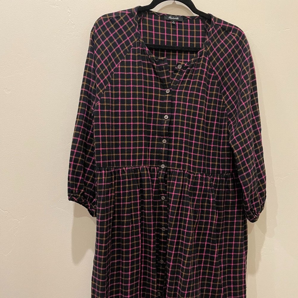 Madewell Black Dress with Pink & Green Windowpane Plaid